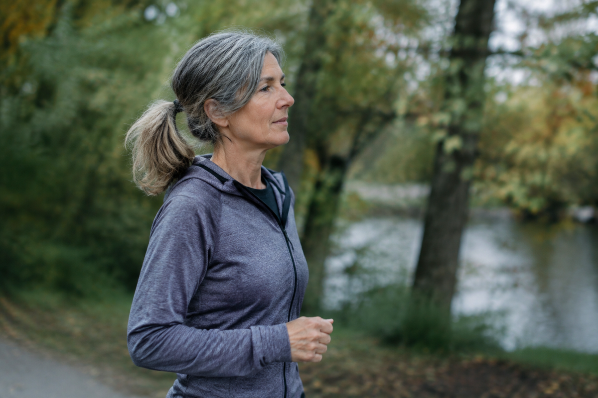 Woman in her late fifties taking a brisk morning walk on a tree-lined path