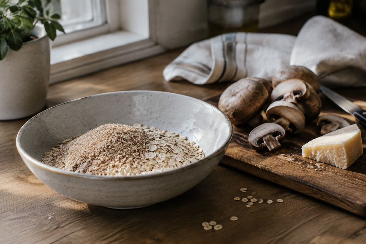 Wheat germ, oats, mushrooms and aged cheese arranged in a naturally lit home kitchen